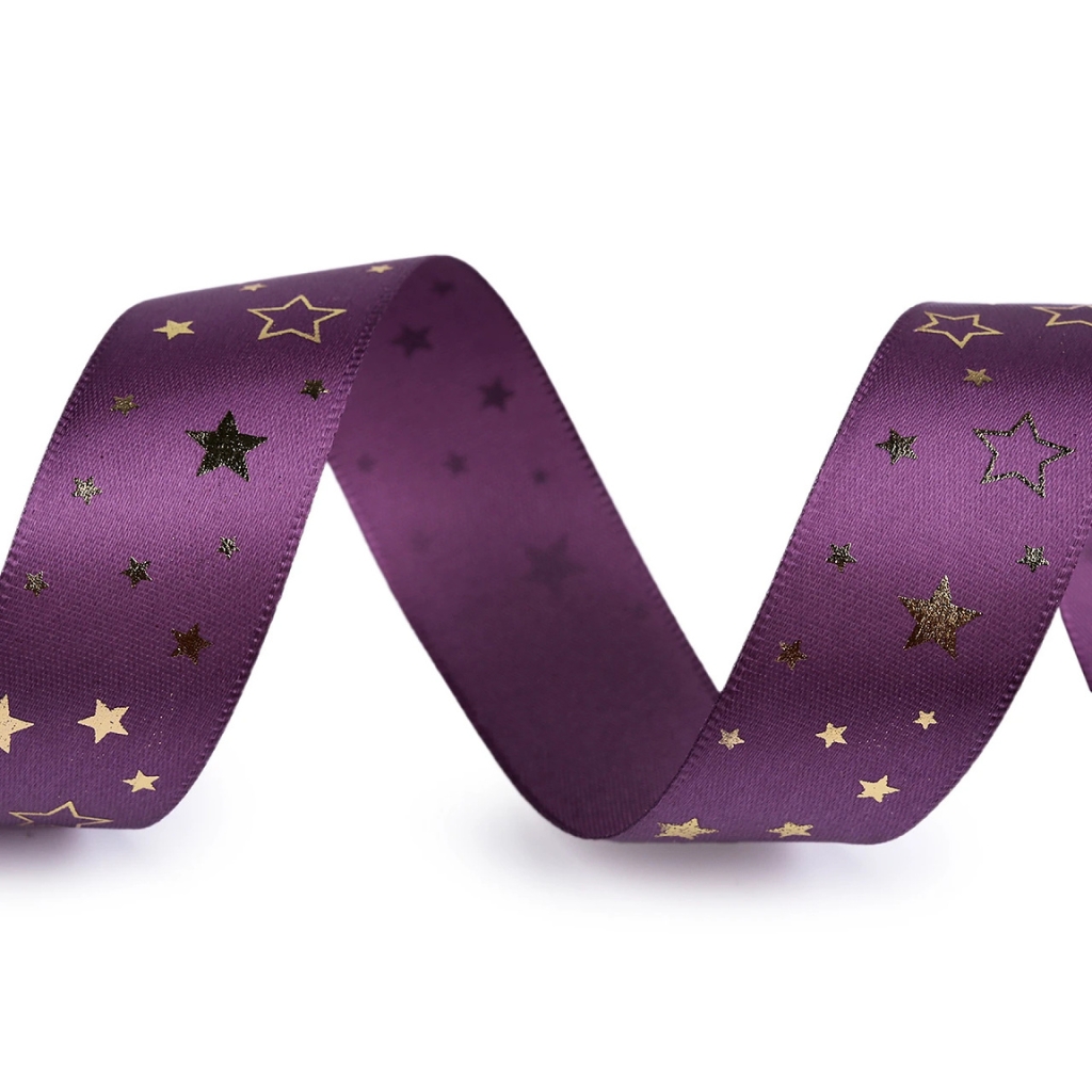 Vánoční saténová stuha hvězdy 25 mm – fialová